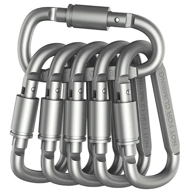 Set of 6 aluminum alloy hiking carabiners with locking mechanism (D-hook), gray (GS-172761)
